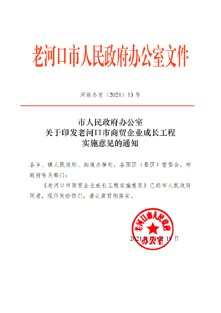 08河政办发（2021）13号=市人民政府办公室关于印发老河口市商贸企业成长工程实施意见的通知